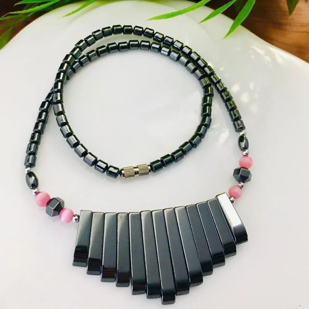 Graduated Hematite Necklace Pink Cats Eye Beads 4428